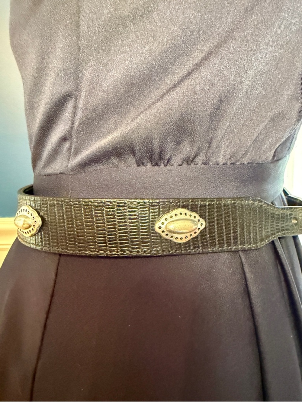 Talbots Black Textured Leather Belt with Silver-Tone Buckle and Conchos - Picture 3 of 16